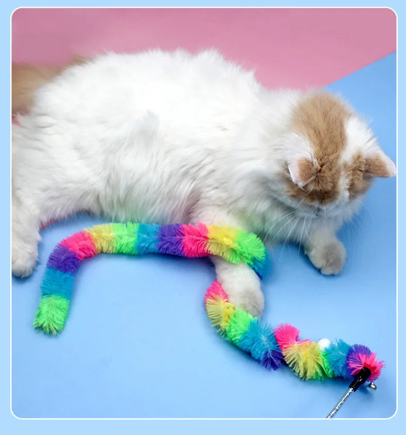 Rainbow Caterpillar Cat Teaser Wand with Bell | Pack of Two