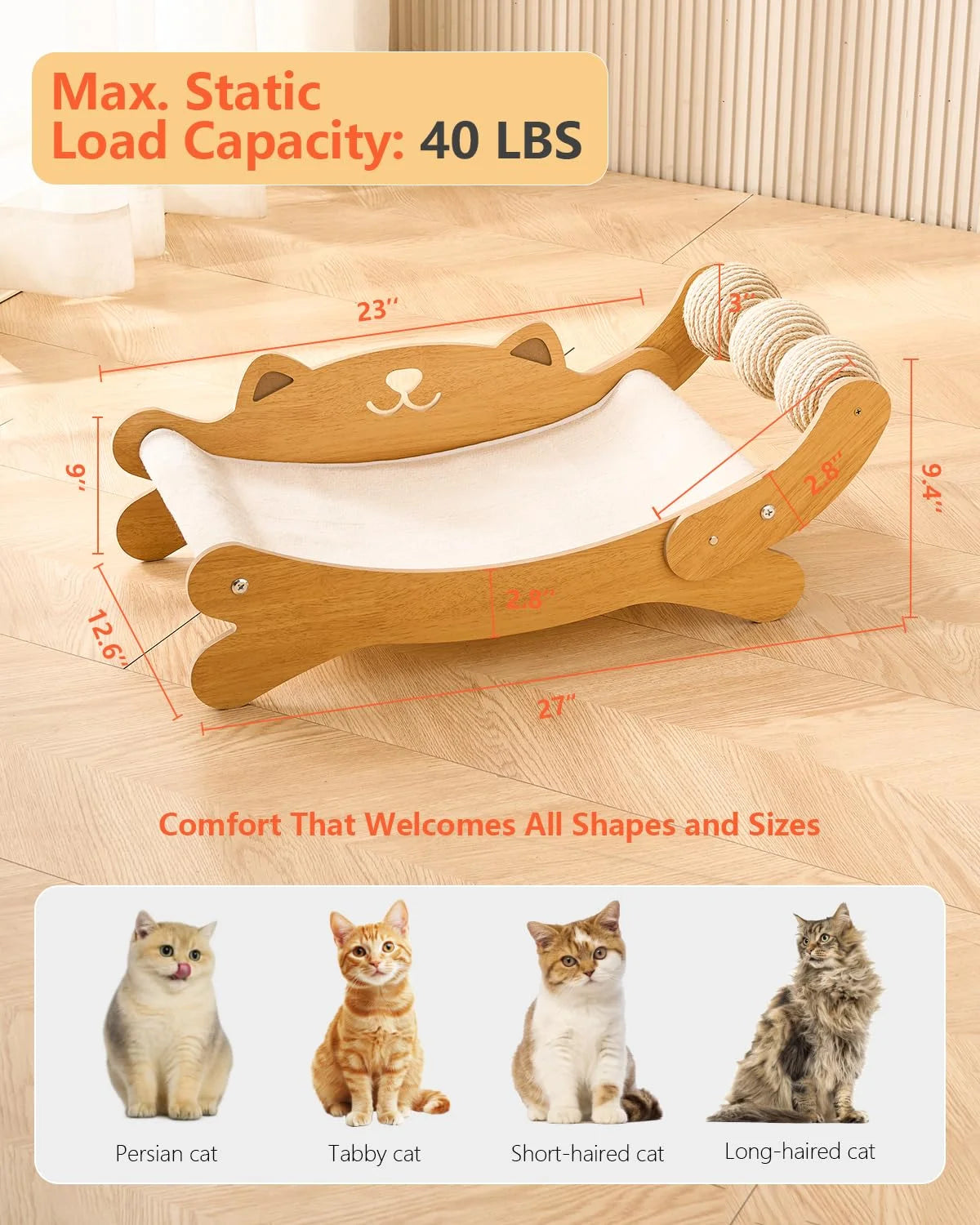 Curved Cat Lounger with Sisal Scratcher & Toy Balls | Wooden Cat Bed + Scratcher Combo
