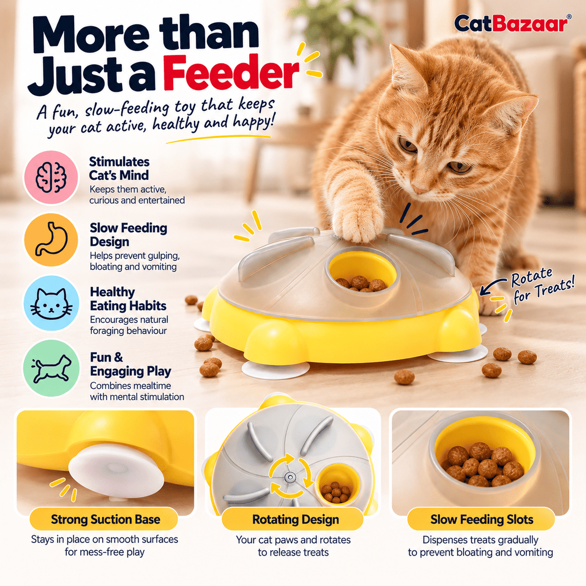 Rotating Cat Puzzle Feeder – Slow Treat Dispenser - Catbazaar.in
