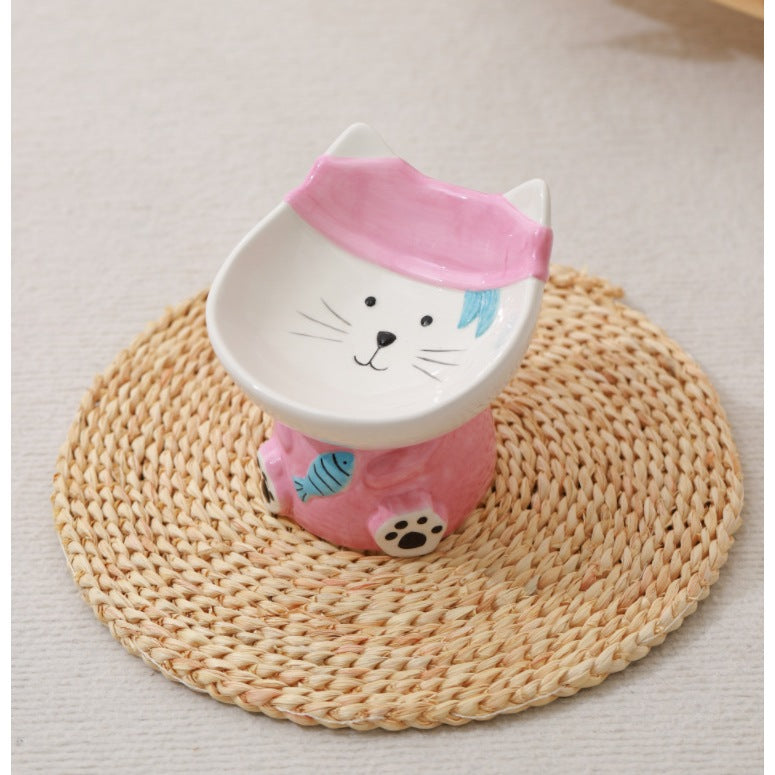 Cute Elevated Ceramic Cat Bowl | Whisker-Friendly Tilted Feeding Bowl (Anti-Spill & Neck Support)