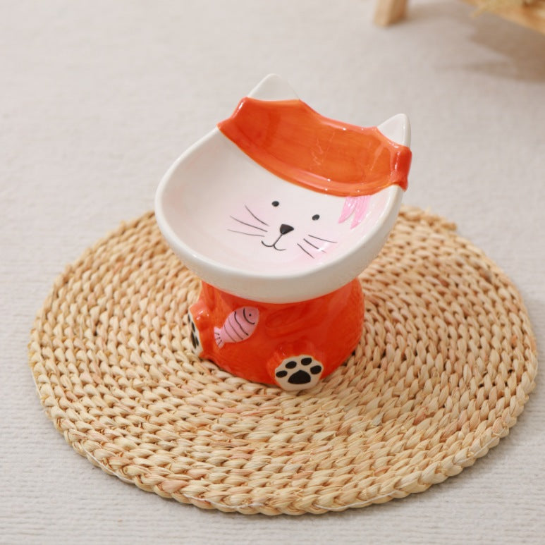 Cute Elevated Ceramic Cat Bowl | Whisker-Friendly Tilted Feeding Bowl (Anti-Spill & Neck Support)